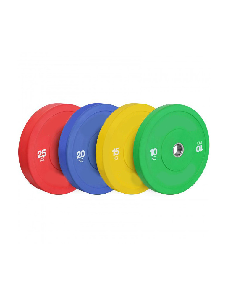 Disques de poids olympiques colorés selon le poids de 10 à 25 kg