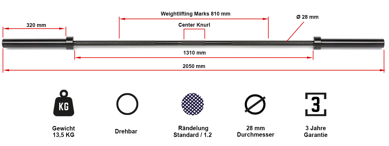Barre droite olympique 120 cm pour charge maximale 250 kg